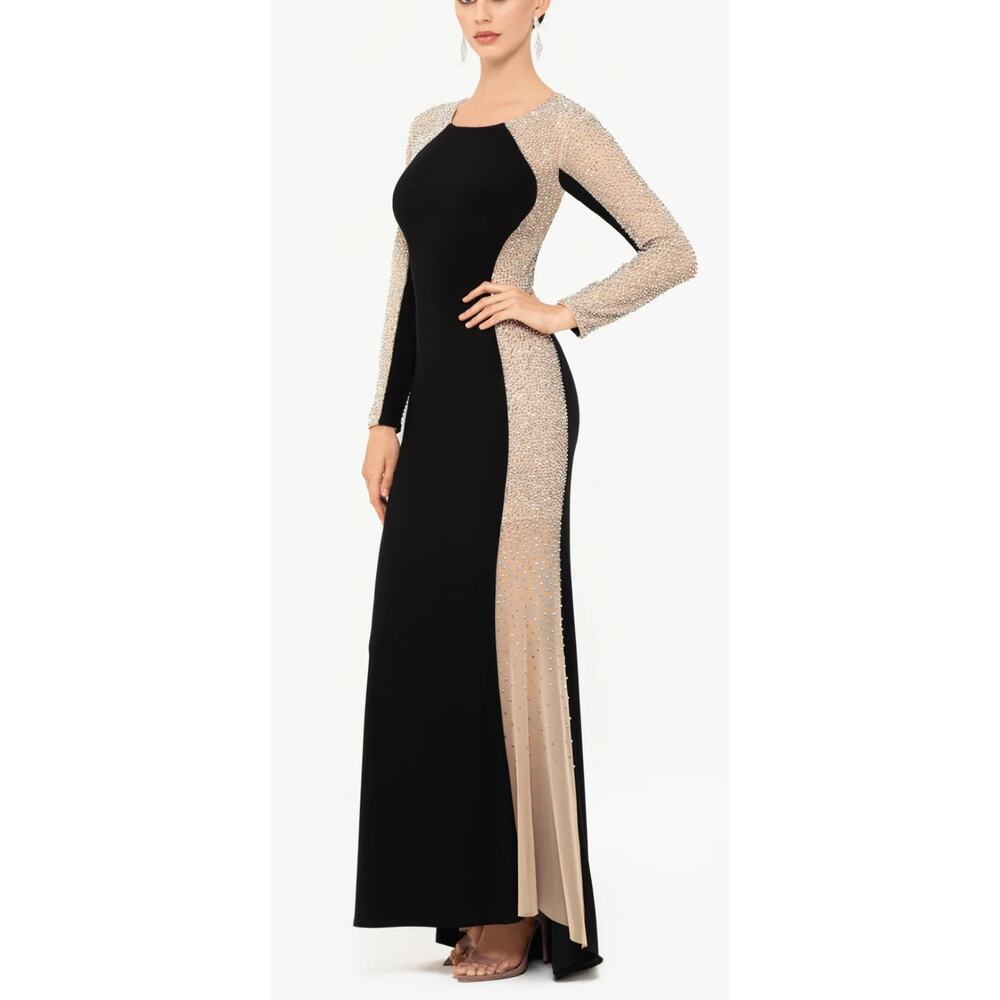 Xscape Black and Gold Long Sleeve Dress